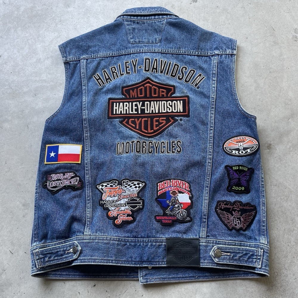 Harley Davidson Denim Vest Mens Large Embroidered Patch Jean Blue Biker